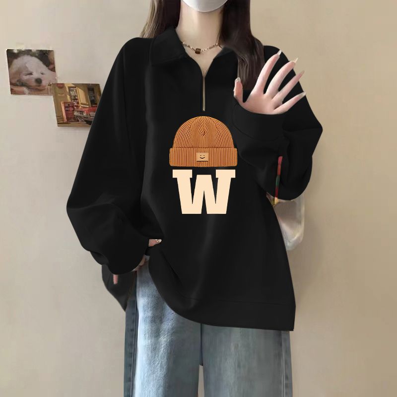 Felpa con cappuccio e cerniera mezza stampata con lettere autunno/inverno 2024 per ragazze con velluto spesso e colletto polo alla moda_voghion.com