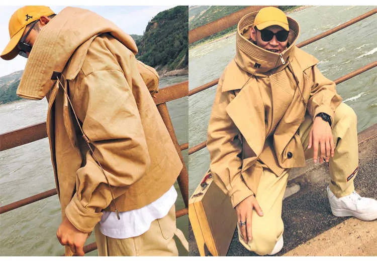Men's Trench Coats Mauroicardi Spring Autumn Oversized Cool Black Green Khaki Windproof Windbreaker Men Hood Long Sleeve_voghion.com