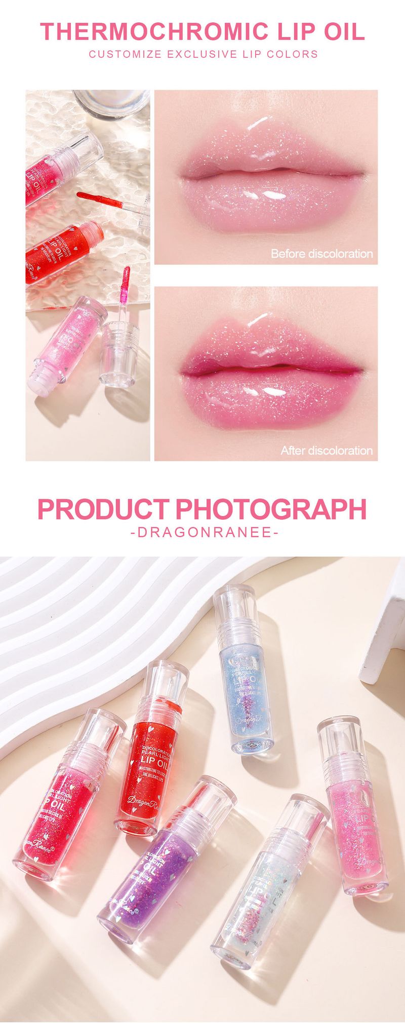 Brilho labial Icy Sheer - Brilho fino e perolado, óleo labial hidratante com cor, primer para batom com efeito de mudança de temperatura e cor_voghion.com
