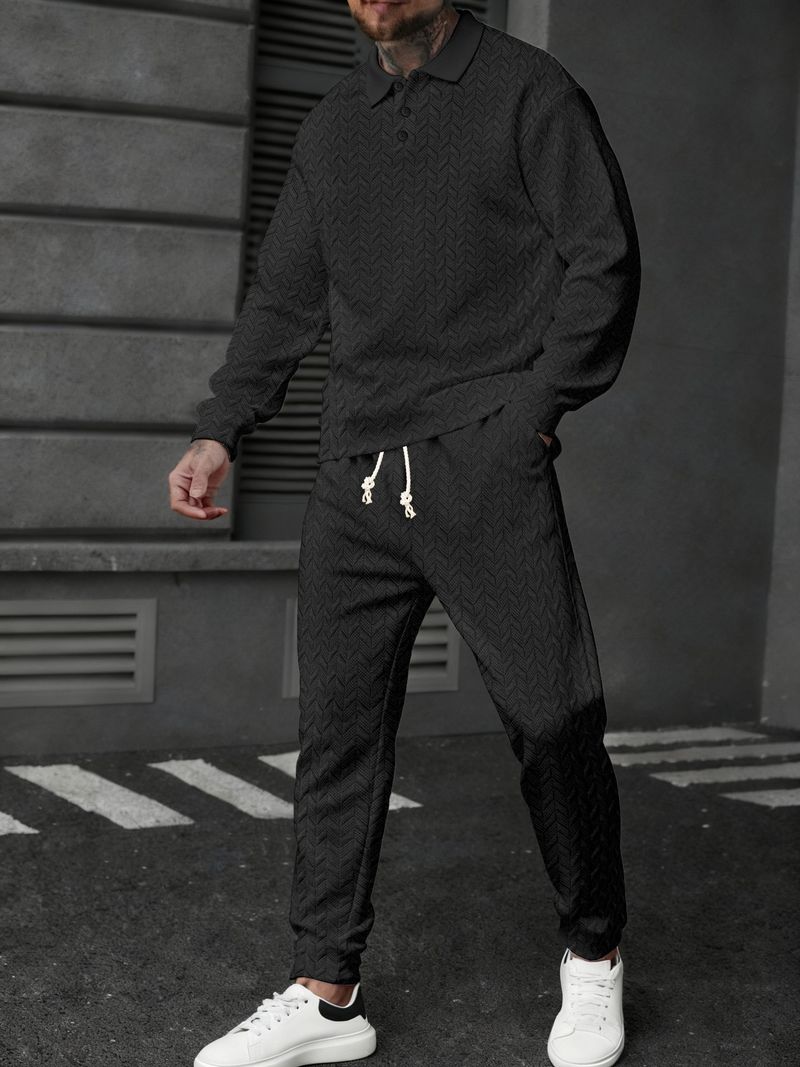 Completo polo e pantaloni a righe color grano da uomo – Completo sportivo a maniche lunghe per look casual e sportivi_voghion.com