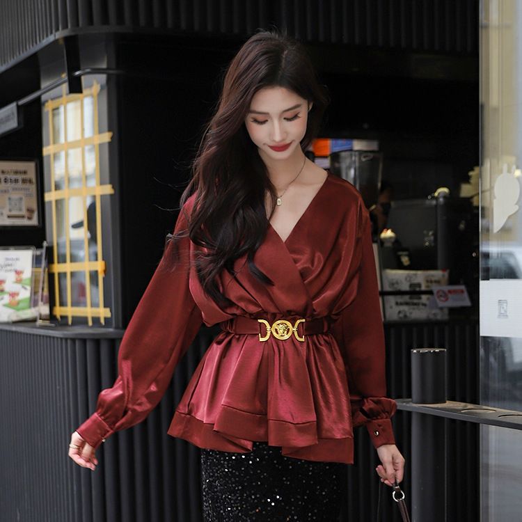Elegant Pure Desire Ancora Red Satin Blouse With Belt Waist-Cinching French Light Lady Acetate Shirt_voghion.com