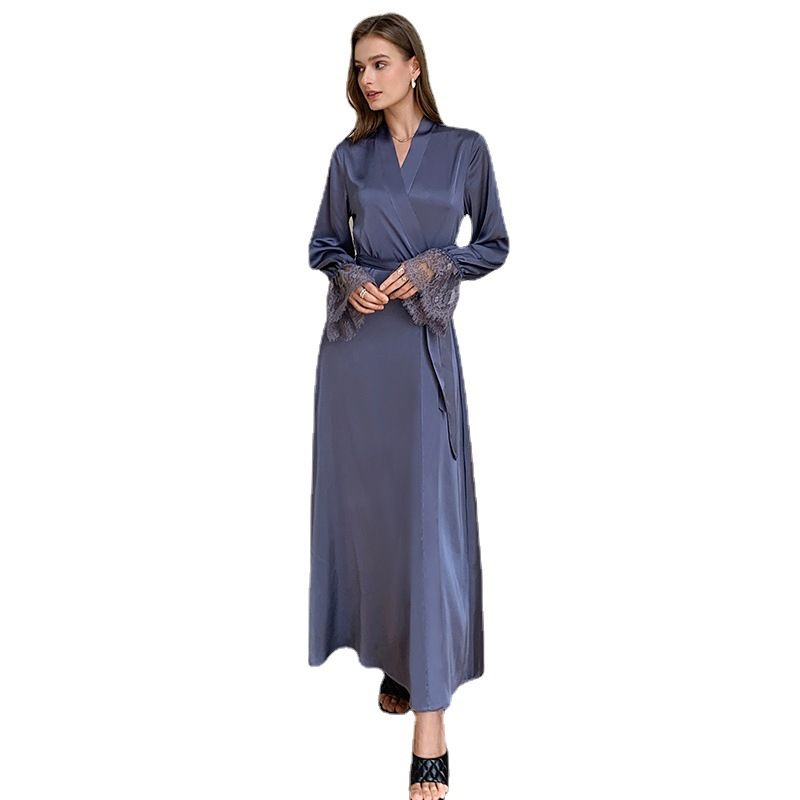 French Satin Pajamas Women's Thin Ice Silk Lace Splicing Backless Loungewear Casual_voghion.com
