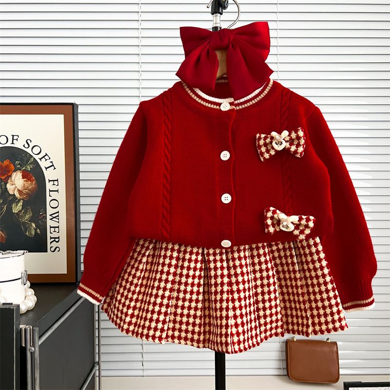 Completo in maglia per bambine con motivo scozzese - Completo morbido e confortevole in 2 pezzi per bambine piccole e medie (3-8 anni, 100-140 cm)_voghion.com
