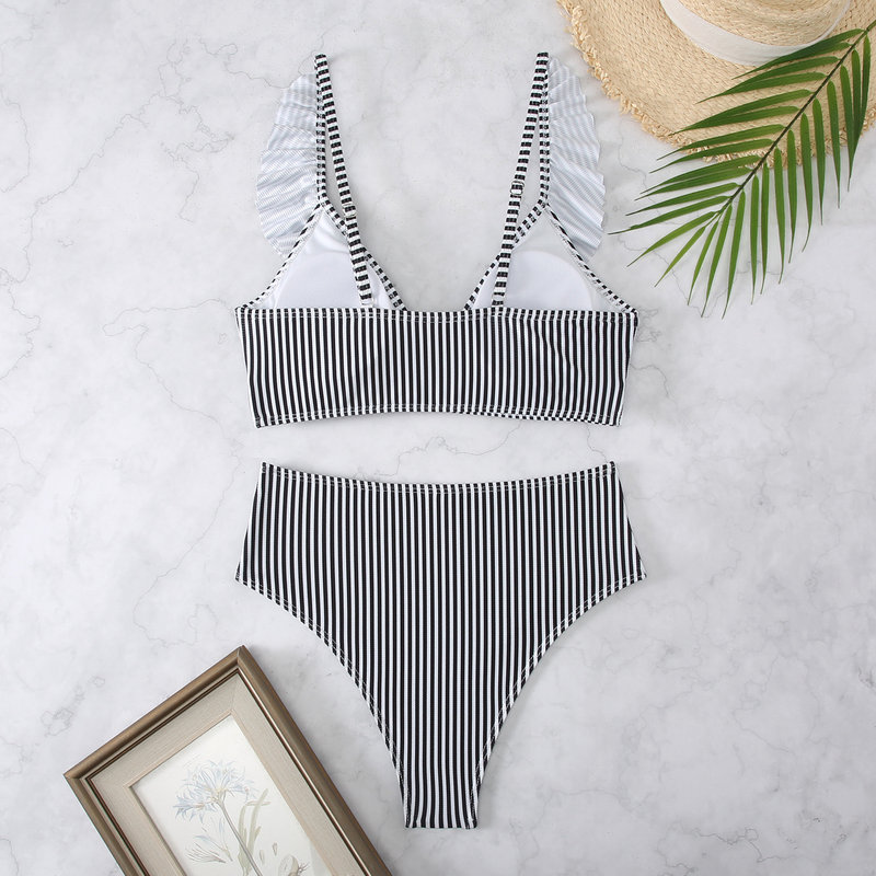 Maillot de bain bikini rayé taille haute à volants et col en V pour femme, nouveauté 2025_voghion.com