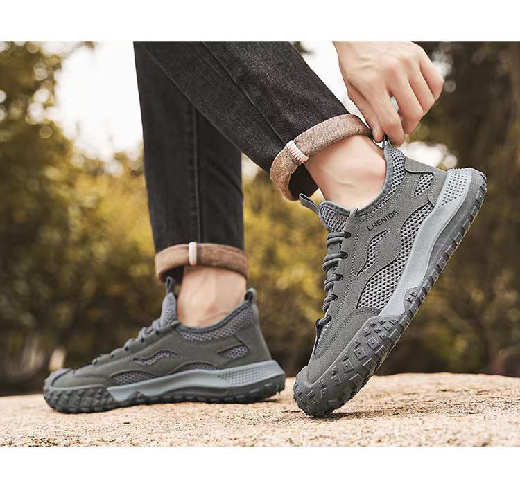 Tênis masculinos de malha respirável – calçados leves de verão para uso casual, trabalho e tênis (cáqui/cinza)_voghion.com
