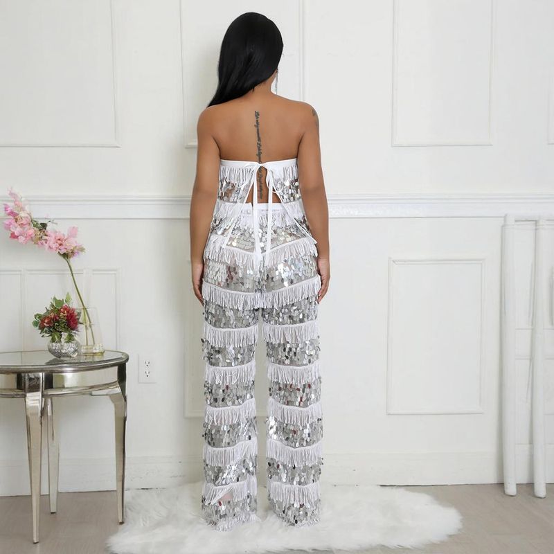 Conjunto de top corto sin tirantes y pantalón ancho: un conjunto sexy y chic de dos piezas para mujer_voghion.com
