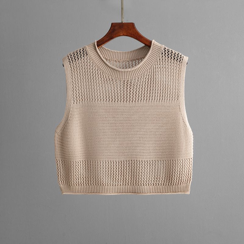 Women's Clothing Slim Hollow Sleeveless Vest Suit Summer New Knitted Slit Skirt Two Piece Suit_voghion.com