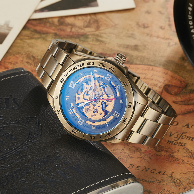 Men's Vintage Skeleton Automatic Mechanical Watch With Roman Numerals, Luminous Hands, And Leather Strap - Water Resistant, Bronze Case_voghion.com