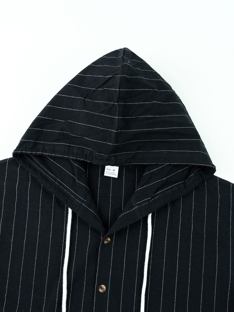 Camicia casual a maniche lunghe con cappuccio e bottoni, nuova, in cotone e lino, a righe, da uomo_voghion.com