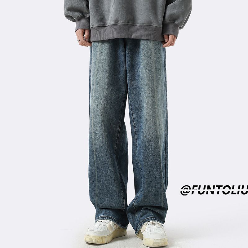 Premium Jeans vīriešu rudens/ziemas biezas, brīvas, taisnas, ikdienas, mazgātas un novalkātas platas bikses_voghion.com