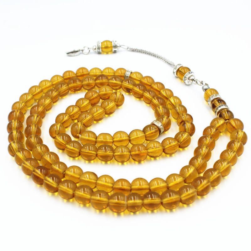Perles de prière musulmanes en verre cristal 99 de 8 cm, pendentif à pompon unique, couleur ambre_voghion.com