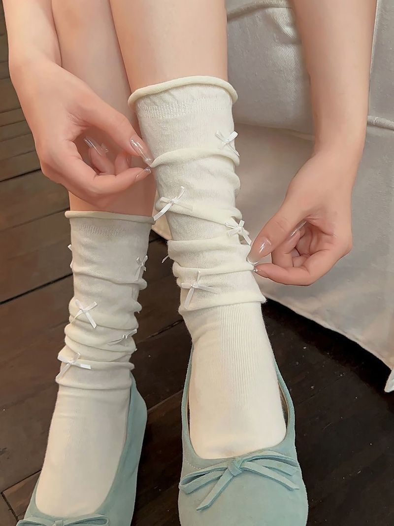 Calzini senza cuciture in pelo di vitello antiscivolo estivi bianchi alti fino al ginocchio da donna, stile balletto, con fiocco, JK Lolita_voghion.com