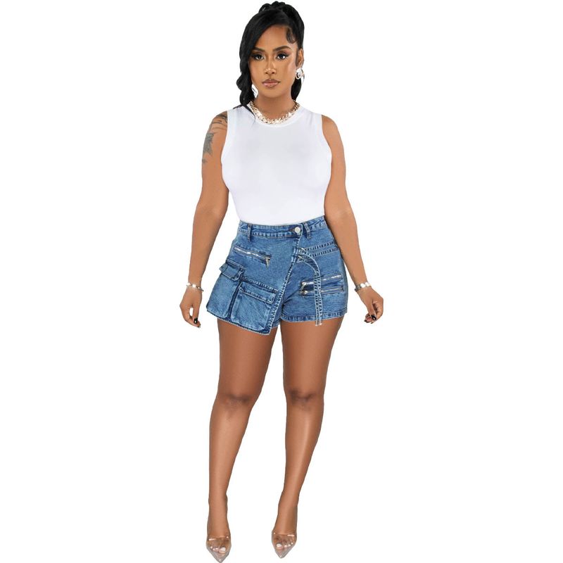 Mono de mezclilla elástico para mujer, pantalones cortos de mezclilla con múltiples bolsillos con cremallera_voghion.com