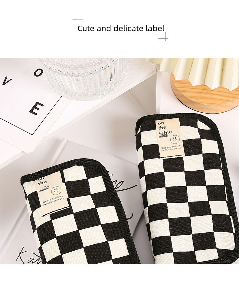 ins style black and white checkerboard pencil bag large capacity stationery bag canvas student simple high value pencil bag wholesale_voghion.com