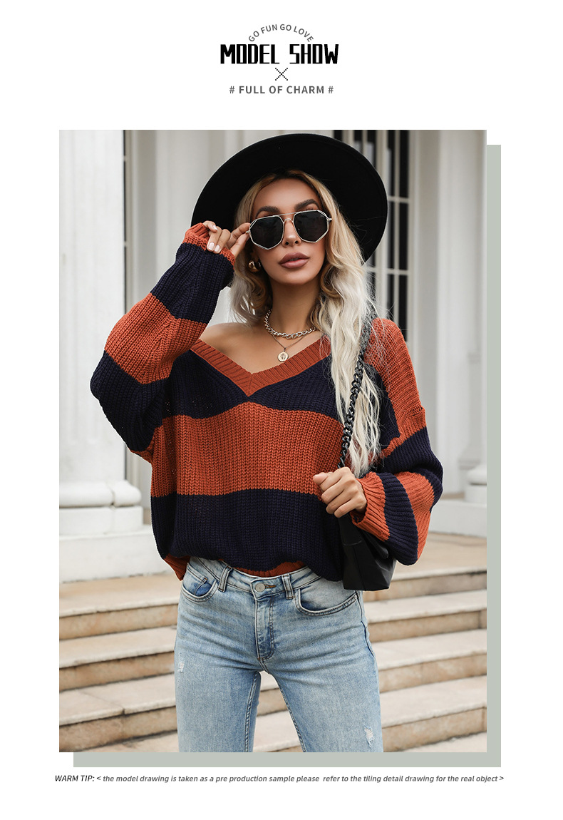 Maglione ampio con scollo a V abbinato a maniche lunghe alla moda da donna da indossare_voghion.com