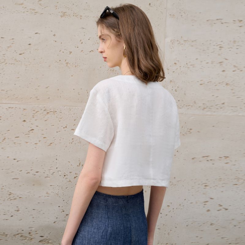Haut à manches courtes en lin pur français, style Old Money, été 2025, design Sense, petite chemise cool à col en V_voghion.com