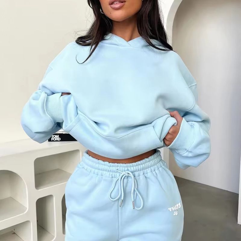 Damen Herbst und Winter neues Sweatshirt-Set, modisches sportliches LOGO Langarmpullover mit Kapuze Sweatshirt zweiteiliges Set_voghion.com