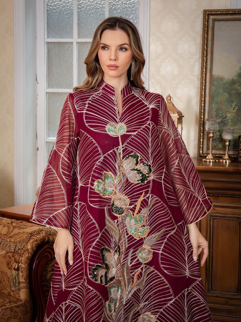 Elegante abito Abaya ricamato – Abito lungo musulmano a maniche lunghe per donna (M-XXL, rosso/beige/verde)_voghion.com