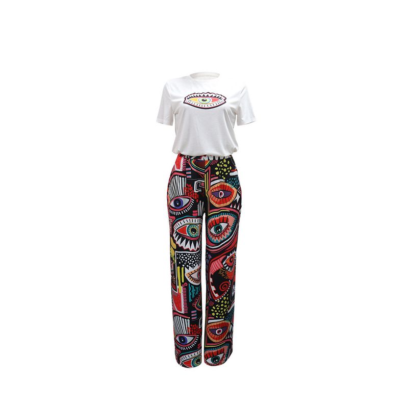 Abbigliamento da donna, completo due pezzi con stampa alla moda, scollo rotondo, top a maniche corte, pantaloni larghi e comodi, pantaloni a gamba larga_voghion.com