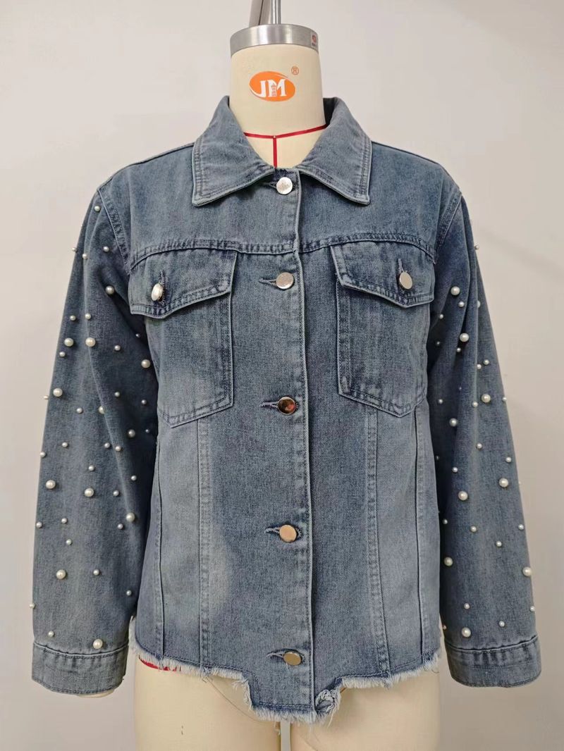 Women's Clothing Spring New Washed Beaded Long Sleeved Casual Denim Jacket Top_voghion.com