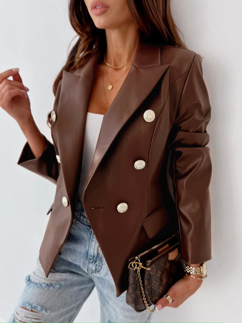 Giacca piccola da donna in pelle PU a maniche lunghe doppiopetto alla moda_voghion.com
