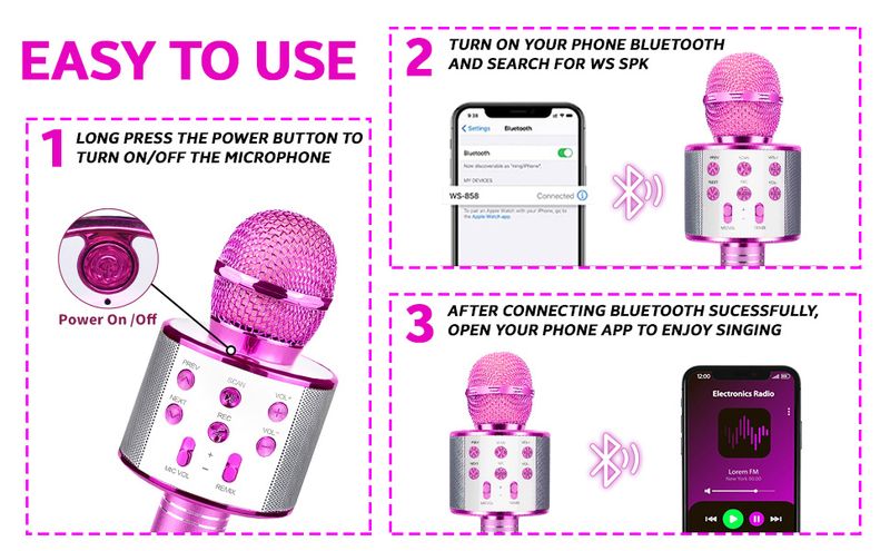 5 Core Bluetooth Wireless Karaoke Microphone All-in-One Portable Handheld Mic with Speaker Recorder Microfono Inalambrico - WM SPK PNK_voghion.com