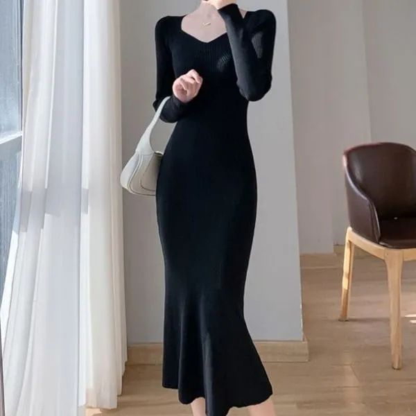 Abito da donna in maglia a sirena blu, strato interno primaverile, autunnale e invernale, abito lungo aderente con vita sottile, nero_voghion.com