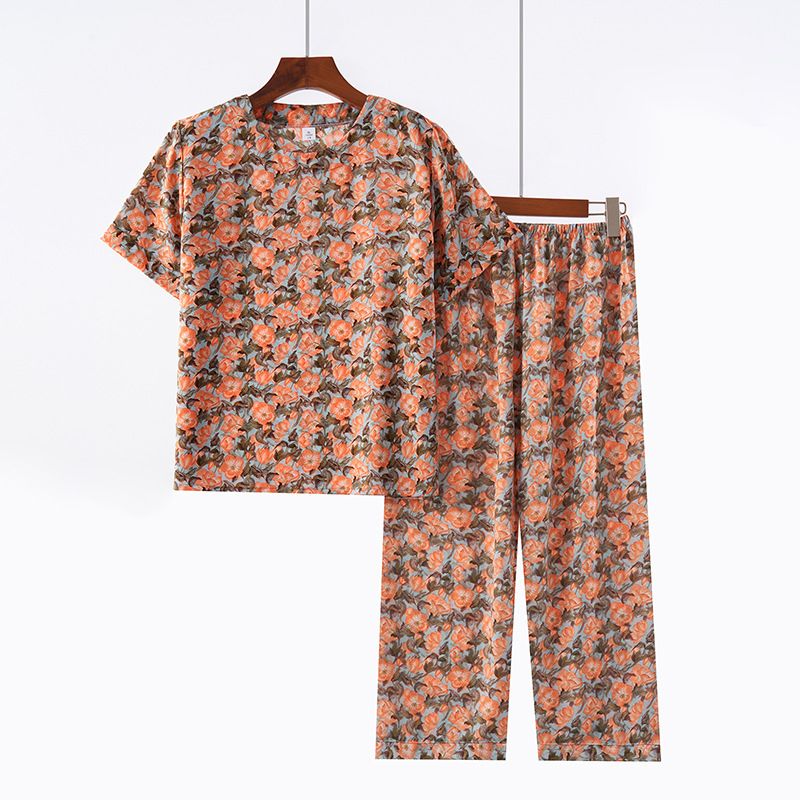 Conjunto de duas peças para mulheres de meia-idade e idosas, verão, gola redonda, estampado, manga curta, solto, casual, confortável, avó_voghion.com