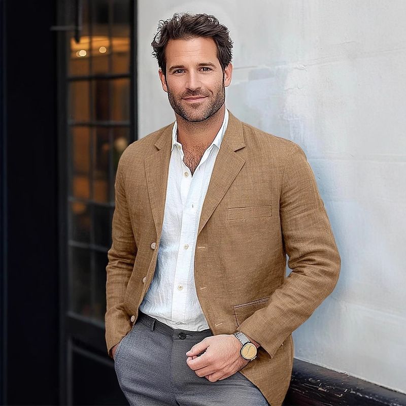 Veste de costume décontractée en coton et lin pour homme, couleur unie, taille européenne_voghion.com