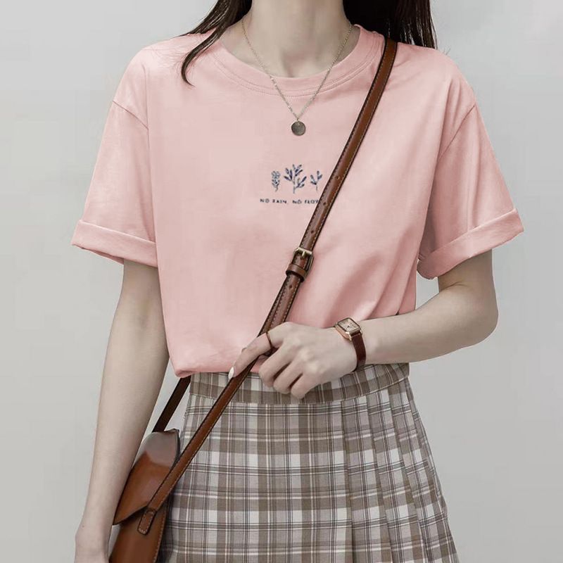 Kurzarm-T-Shirt mit Rundhalsausschnitt für Damen, Sommer, lockerer Pflanzendruck, lässig, einfarbig, Basishemd, Top, Koreanisch_voghion.com