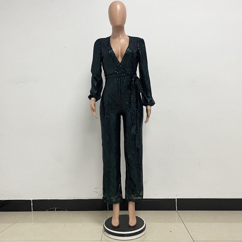 Damkläder Ins Style Deep V Mode Casual Jumpsuit Långärmat Bälte Paljett Jumpsuit Dam_voghion.com