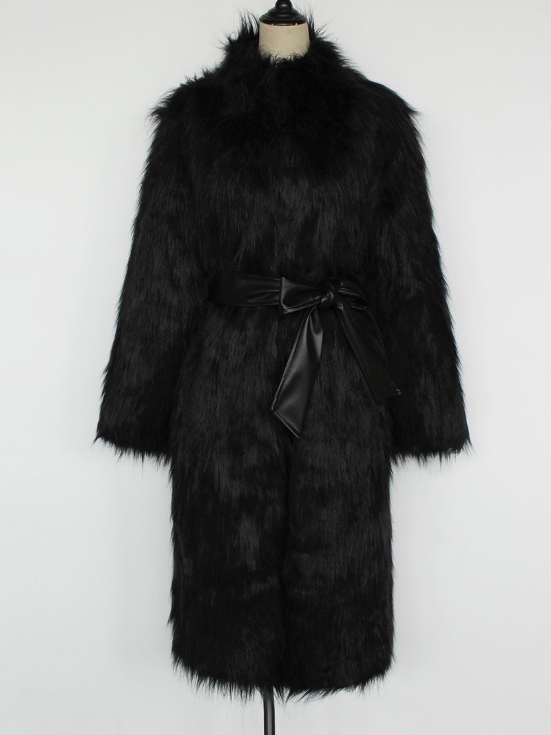 Damen-Kunstpelzmantel – Langer Plüsch-Trenchcoat mit Gürtel (S-XXXL, Schwarz/Polarfuchs, Eleganter Wintermantel)_voghion.com