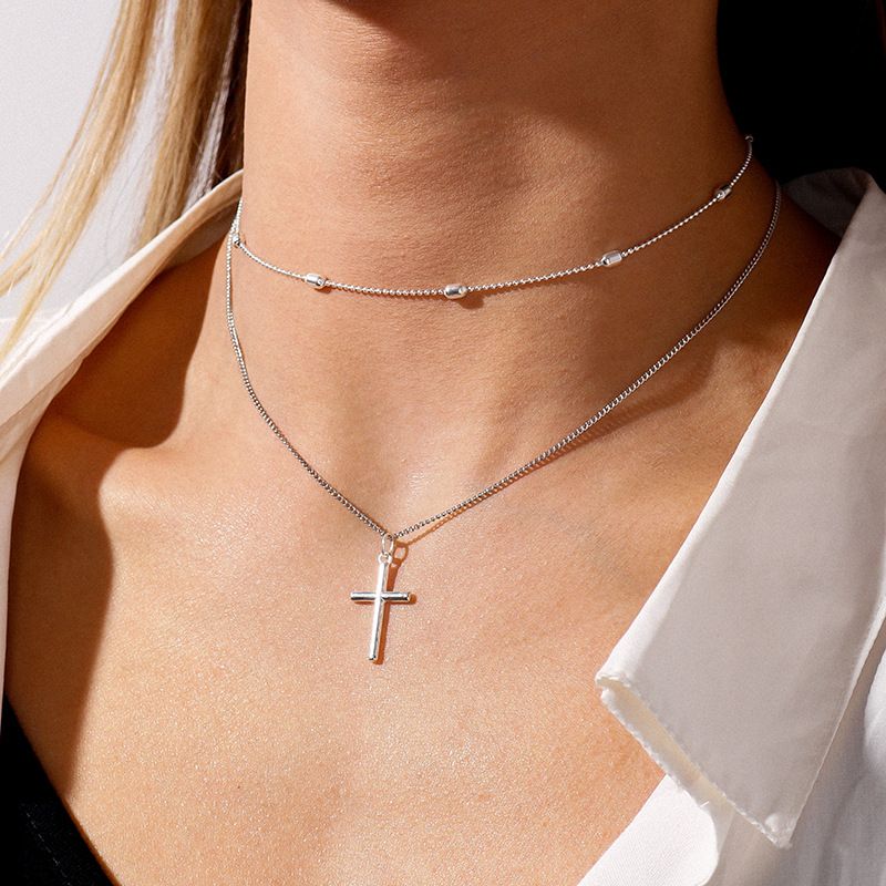 Collana con ciondolo a croce alla moda e alla moda, in metallo, con catena geometrica multistrato per clavicola_voghion.com