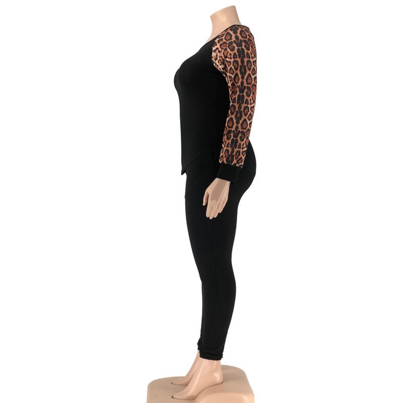 Costume deux pièces décontracté pour femmes, imprimé léopard, couleur contrastée, mode, grande taille, grande taille_voghion.com
