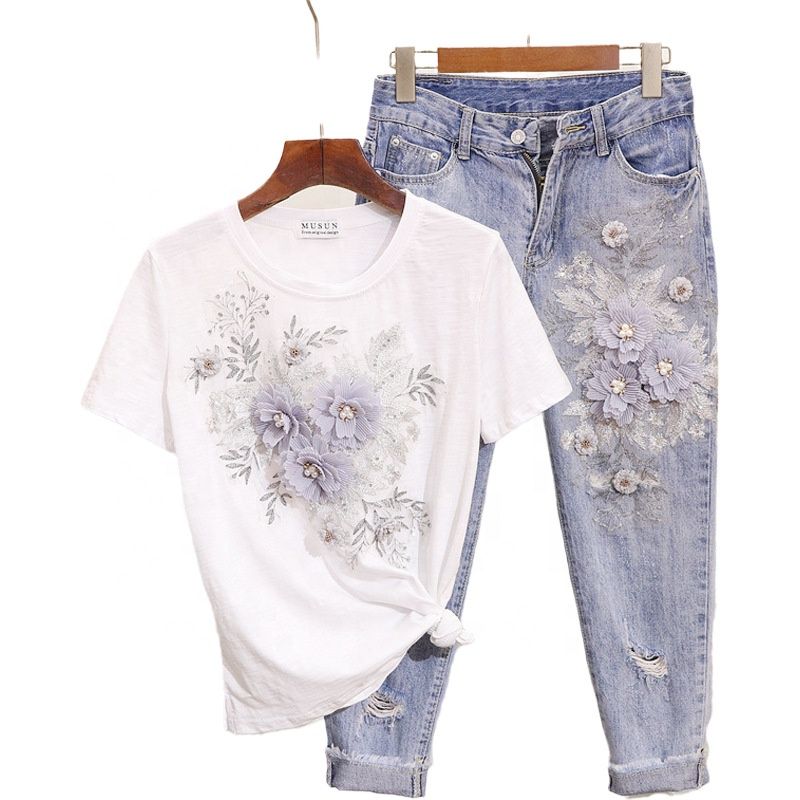 Denim Set Women's Summer 2025 New Beaded Embroidered 3D Flower Short Sleeved T-shirt+distressed Cropped Jeans_voghion.com