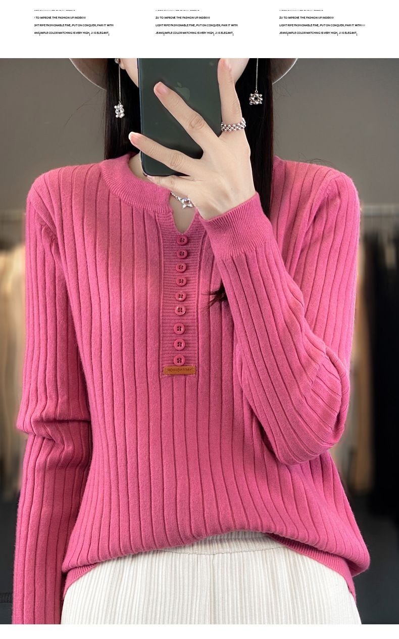 Maglia girocollo con fibbia allacciata, da donna, con scollo a V, vestibilità slim, maglia interna, top lavorato a maglia per l'inizio dell'autunno_voghion.com