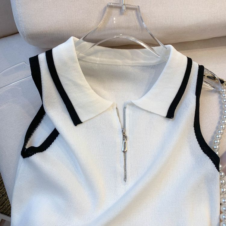 Damenbekleidung Echter Schuss des neuen Sommerdesigns Nischenkontrastfarbe Reißverschlussweste Hosenträger Strickoberteile für Frauen_voghion.com