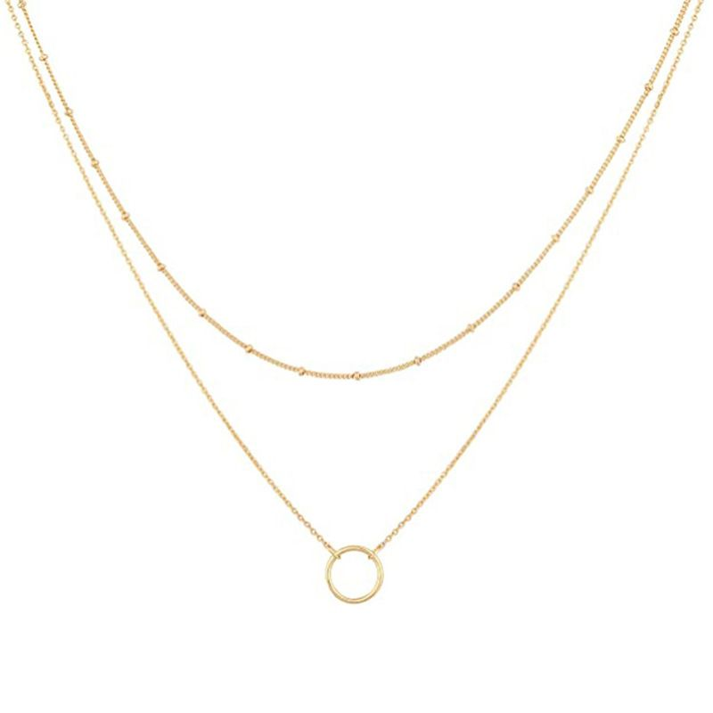 Collier pendentif en forme de cercle avec chaîne de perles en cuivre à double couche et anneau simple rétro pour clavicule_voghion.com
