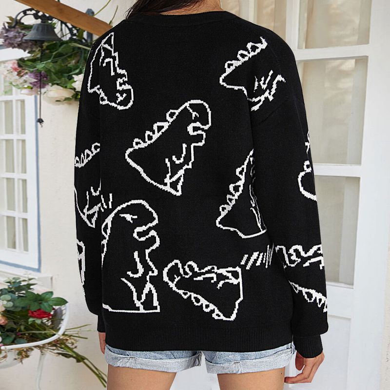 Abbigliamento da donna maglione a maniche lunghe cappotto cardigan sciolto dinosauro cartone animato_voghion.com
