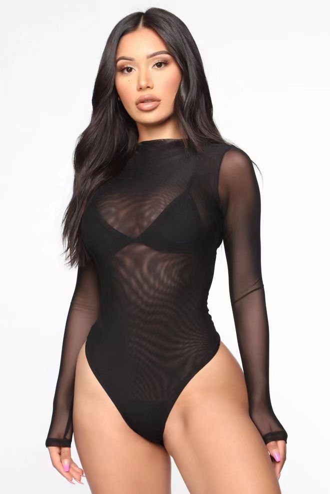 Bikini sexy attillato con fondo intero, seducente, in rete trasparente, a maniche lunghe, per feste in spiaggia_voghion.com
