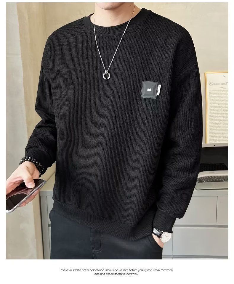 Herrenbekleidung Waffelstrick-Sweatshirt mit Rundhalsausschnitt – Slim Fit, lässiges Pullover-Langarm-T-Shirt für Frühling und Herbst (Schwarz/Weiß/Dunkelgrau/Marineblau)_voghion.com