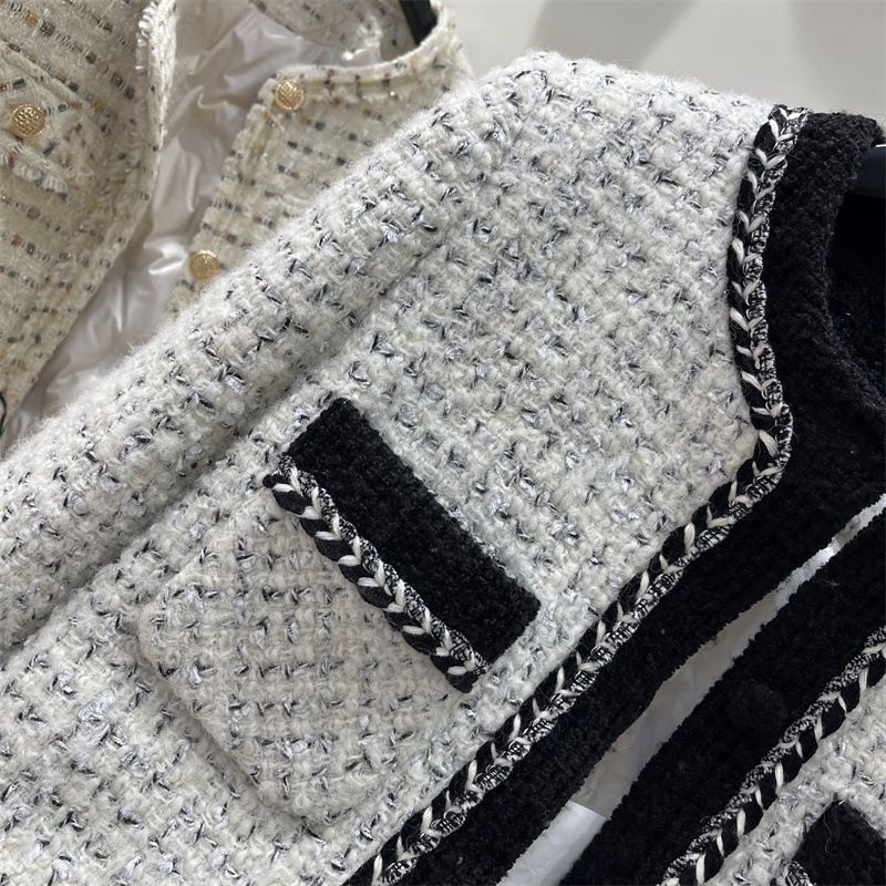 Elegant Tweed Down Coat For Women - Winter Long Puffer Jacket With Contrast Collar, Thickened White Duck Down Lining, French Style Petite Outerwear_voghion.com