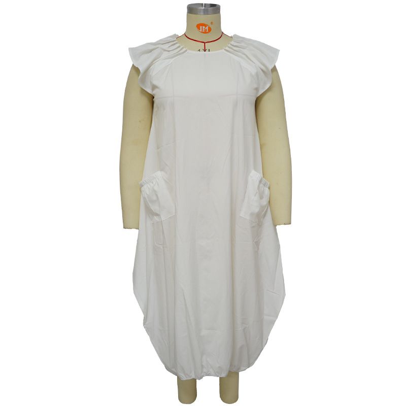 Kadın Giyim Moda Büyük Beden Kadın Düz Renk Çift Cepli Bol Elbise_voghion.com