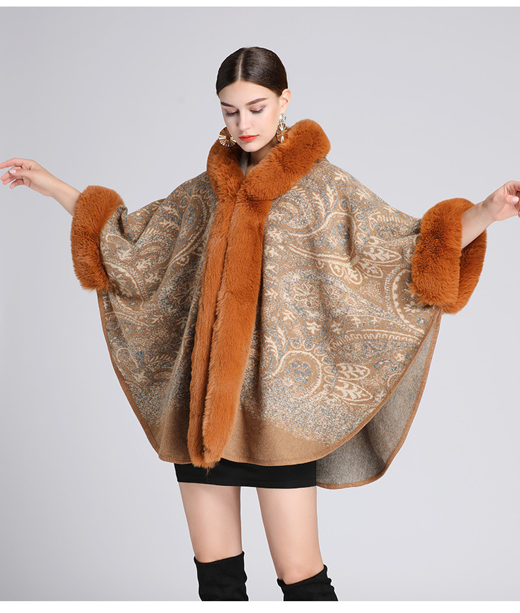 Cardigan in lana di grandi dimensioni con collo a scialle con cappuccio jacquard in pelliccia di coniglio rex di nuovo stile per donna_voghion.com