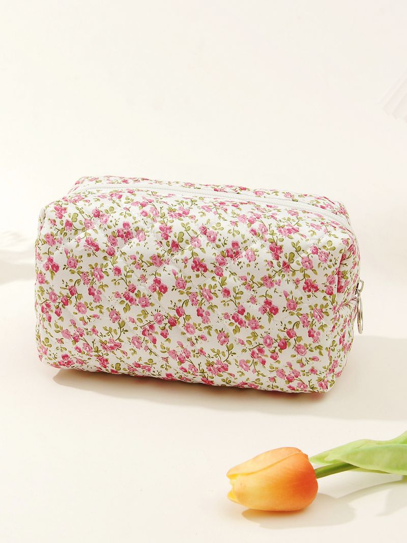 Borsa cosmetica in cotone con motivo floreale, piccola, trapuntata, da viaggio, in cotone, con interno antivento_voghion.com