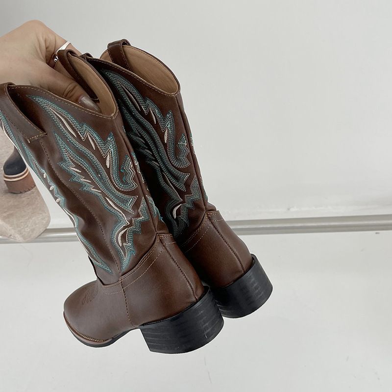 He Sui Style Chunky Heel Versatile Western Cowboy V Mouth Embroidered Pull-On Riding Mid-Calf Square Toe Horse Boots_voghion.com