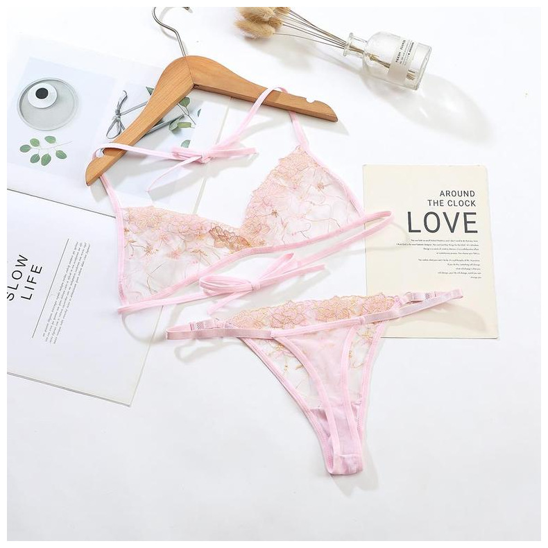 Dámské sexy spodní prádlo Set Flower Bra Thong 2 kusy měkké síťované průsvitné ramínko transparentní spodní prádlo body bikiny_voghion.com