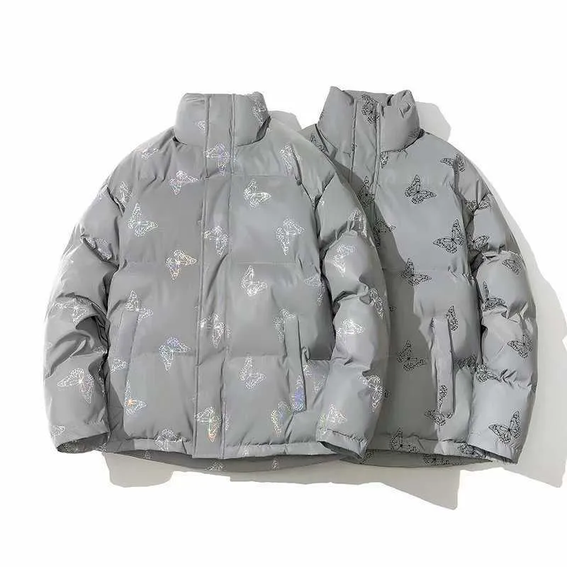 Veste parka rembourrée réfléchissante pour homme et femme, manteau d'hiver épais, coupe-vent, ample et chaud, avec papillon brillant_voghion.com