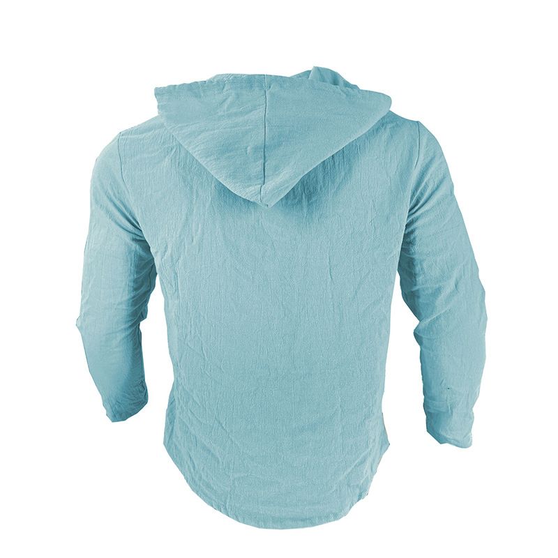 Maglietta casual a maniche lunghe con cappuccio e coulisse in cotone e lino, tinta unita, da uomo, alla moda, da abbinare a qualsiasi outfit, da spiaggia_voghion.com