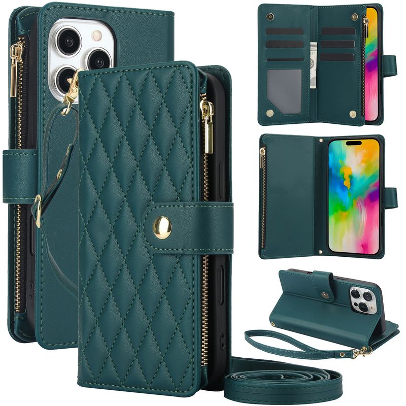 Custodia a portafoglio per iPhone 16e/16/15/14/13/12/11 XS Max Plus/Tracolla regolabile con cerniera, porta carte con supporto e cinturino da polso staccabile_voghion.com